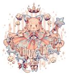  1girl animal_ears animal_ornament ankle_socks blue_eyes blue_horse blue_shoes blush bow bowtie braid brown_eyes carousel cat_ears cat_tail chain cloud corset cross-laced_clothes cross-laced_corset crown crown_braid dress fake_animal_ears fake_tail floating_crown floating_hair frilled_sleeves frills gold_chain gold_crown hair_bow heterochromia highres horse jester littlebluemuffin long_hair long_sleeves multi-tied_hair multicolored_dress multiple_hair_bows neck_ruff open_mouth original ribbon shoes side_braids smile snowflake_print socks star_(symbol) striped_background striped_clothes striped_dress symbol-shaped_pupils tail vertical-striped_clothes very_long_hair wand watermark white_background wide_sleeves 