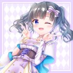  1girl :d ;d absurdres argyle_background aster_reve_idol_uniform black_hair blue_eyes blush bow breasts brown_corset buttons capelet chain commentary corset dot_nose double-breasted double_v dress getsuyoshi gold_chain hands_up highres idol idol_clothes itsumura_yukari looking_at_viewer medium_breasts one_eye_closed open_mouth purple_bow purple_dress re:stage! short_hair short_twintails smile solo striped_bow twintails underbust upper_body v white_capelet 