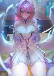  1girl bare_shoulders blurry blurry_background blush bow breasts cleavage closed_mouth commentary detached_sleeves dress falling_feathers feathers fingernails hair_bow hair_ornament highres huge_breasts indoors leo795 long_fingernails low_wings medium_hair mole mole_on_breast nail_polish pink_eyes pink_hair purple_nails remielle_dan sitting smile solo swept_bangs thighhighs wariza white_dress white_feathers white_thighhighs white_wings wings zenless_zone_zero 