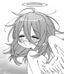  1boy angel_devil_(chainsaw_man) blush chainsaw_man commentary_request deformed facing_to_the_side facing_viewer from_side greyscale hair_between_eyes halo hn_(artist) long_hair male_focus messy_hair monochrome one_eye_closed open_mouth smile solo topless_male wings 