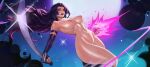  1girl absurdres black_hair breasts commentary completely_nude earrings energy gloves highres holding holding_sword holding_weapon hoop_earrings jewelry katana large_breasts long_hair looking_at_viewer marvel marvel_rivals moon navel nipples nude psylocke psylocke_(vengeance) purple_eyes purple_lips pussy rgate solo sword thick_thighs thighs untranslatable_commentary weapon wide_hips x-men 