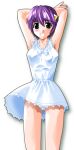  1girl armpits arms_behind_head arms_up ass_visible_through_thighs bare_arms blush bow breasts cameltoe clothes_lift commentary_request cowboy_shot dress dress_bow dress_lift elfen_lied frilled_dress frills green_eyes hair_between_eyes horns looking_at_viewer medium_breasts microdress nana_(elfen_lied) official_art okamoto_lynn open_mouth panties purple_hair ribbon short_dress short_hair simple_background skirt skirt_lift sleeveless sleeveless_dress smile solo sundress underwear white_dress white_panties wind wind_lift 