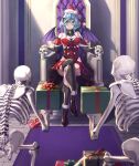  1girl 2others apricot_the_lich braid breasts cleavage crossed_legs demon_girl demon_horns demon_wings glasses green_eyes green_hair grey_hair hair_between_eyes hat highres horn_piercing horns lemon_lime leotard medium_breasts multicolored_hair multiple_horns multiple_others purple_horns red_leotard santa_hat short_hair sitting skeleton skull smile thighs throne twin_braids virtual_youtuber vshojo wings 