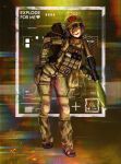  1girl absurdres armor backpack bag blush boots camouflage chainsaw_man chromatic_aberration explosive full_body fyugins_png gloves green_eyes gun hat highres holding holding_gun holding_weapon knee_pads looking_at_viewer military military_hat military_uniform pouch propaganda purple_hair reze_(chainsaw_man) rocket_launcher rpg-7 rpg_(weapon) russian_ground_forces russo-ukrainian_war smile solo standing wagner_group weapon weapon_request 
