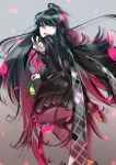  :p absurdres ahoge animal black_hair black_serafuku black_skirt blue_eyes commentary_request fate/grand_order fate_(series) feet floating foot_out_of_frame frog from_side fujita_ikura full_body gradient_background grey_background grey_scarf highres holding holding_animal holding_frog long_hair looking_back loose_hair_strand oryou_(fate) pantyhose pink_pantyhose plaid_clothes plaid_scarf pleated_skirt scarf school_uniform serafuku skirt straight_hair swept_bangs tongue tongue_out unkempt v very_long_hair wind 