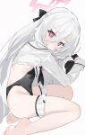  1girl absurdres barefoot black_gloves black_leotard black_neckerchief blue_archive blush cosplay double-parted_bangs feet frilled_thigh_strap gloves hair_between_eyes half_gloves half_updo halo highleg highleg_leotard highres kei_(blue_archive) leotard long_hair long_hair_between_eyes looking_at_viewer loosely_tucked_bangs measho neckerchief pink_halo rectangular_halo shimiko_(blue_archive) shimiko_(blue_archive)_(cosplay) shimiko_(magical)_(blue_archive) shrug_(clothing) sitting soles solo super_highleg thigh_strap toes white_hair white_shrug 