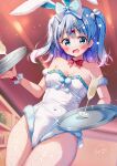  1girl absurdres alcohol animal_ears bare_shoulders blue_eyes blue_hair blue_ribbon blush bow breasts cleavage commentary_request covered_navel cup drinking_glass dropping fake_animal_ears fishnet_pantyhose fishnets fur-trimmed_leotard fur_trim hair_bow highres indoors leotard long_hair open_mouth original pantyhose playboy_bunny rabbit_ears ribbon solo spilled_drink strapless strapless_leotard sugutsuka_rerun thighs tray two_side_up waitress white_leotard wine wine_glass 