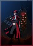  1girl absurdres alucard_(hellsing) alucard_(hellsing)_(cosplay) artist_name black_hair blue_eyes blunt_bangs boots border breasts coat commentary cosplay demonio_fleur extra_eyes gloves gradient_border hat hellsing helogony highres horns large_breasts long_hair looking_at_viewer multiple_views navel nico_robin one_piece red_coat red_hat sunglasses underbust white_gloves 