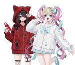 2girls :d ame-chan_(needy_girl_overdose) animal_hood bebe_(bebe_pp) black_eyes black_hair black_nails blonde_hair blue_bow blue_eyes blue_hair blue_skirt bow cat_hood cellphone chouzetsusaikawa_tenshi-chan closed_mouth commentary_request fishnet_thighhighs fishnets hair_bow hair_ornament hair_over_one_eye hairclip hand_up heart heart_hair_ornament holding holding_phone hood hood_up hooded_jacket hoodie jacket long_hair long_sleeves looking_at_viewer multicolored_hair multiple_girls multiple_hair_bows nail_polish needy_girl_overdose official_alternate_costume open_mouth phone pink_bow pink_hair promotional_art purple_bow quad_tails red_hoodie sailor_collar shoes simple_background skirt smartphone smile socks standing standing_on_one_leg thigh_strap thighhighs twintails very_long_hair white_background x_hair_ornament 