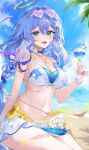  1girl beach bikini blue_hair breasts choker cleavage commentary_request cup drinking_glass eyewear_on_head face_jewel facial_mark flower green_eyes hair_ornament head_wings heart heart-shaped_eyewear heart_facial_mark highres honkai:_star_rail honkai_(series) jewel_under_eye large_breasts long_hair mark_under_eye menyan_0911 navel official_alternate_costume origami_bird_(honkai:_star_rail) purple_choker robin_(honkai:_star_rail) robin_(summeretto)_(honkai:_star_rail) sarong smile solo star_(symbol) star_print starfish_hair_ornament sunflower swimsuit white_bikini white_sarong white_wings wings 