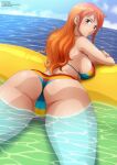  1girl artist_name ass bikini blush breasts brown_eyes character_name closed_mouth commission copyright_name english_commentary eyelashes feet_out_of_frame from_behind halterneck highres horizon large_breasts long_hair looking_at_viewer looking_back lying multicolored_bikini nami_(one_piece) ocean official_alternate_costume on_stomach one_piece one_piece_film:_z orange_hair outdoors partially_submerged sideboob single_sidelock solo swimsuit thighs water wavy_hair zel-sama 