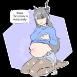  1girl alternate_costume asymmetrical_horns black_hair black_horns blue_hair breasts colored_inner_hair crop_top demon_horns grabbing_own_breast hand_on_own_stomach highres hololive hololive_english horns large_breasts long_hair multicolored_hair nerissa_ravencroft pregnant red_eyes smile solo sqwarkdemon stretch_marks uneven_horns very_long_hair virtual_youtuber 