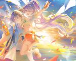  1boy 1girl absurdres aqua_eyes arm_up bag bottle braid brother_and_sister can commentary_request cowboy_shot crop_top dandan_27 drink_can foot_out_of_frame grey_hair hair_between_eyes halo halo_behind_head head_wings highres holding holding_bottle holding_can honkai:_star_rail honkai_(series) lifting_person long_hair looking_at_viewer midriff navel ocean official_alternate_costume one_eye_closed open_clothes open_mouth open_shirt orange_shorts ponytail purple_hair robin_(fanta)_(honkai:_star_rail) robin_(honkai:_star_rail) shirt shoes shorts shoulder_bag siblings single_braid smile sneakers socks soda_bottle soda_can spiked_halo sun sunday_(fanta)_(honkai:_star_rail) sunday_(honkai:_star_rail) sunrise teeth upper_teeth_only very_long_hair white_shirt white_socks white_wings wings yellow_eyes 