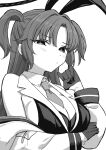  1girl animal_ears arm_under_breasts armpit_crease azu_(azusayumix) bare_shoulders black_halo blue_archive blush breasts cleavage collar facing_to_the_side fake_animal_ears gloves greyscale halo hand_up jacket jacket_partially_removed long_hair looking_at_viewer medium_breasts monochrome narrowed_eyes necktie nontraditional_playboy_bunny official_alternate_costume rabbit_ears short_necktie simple_background solo twintails white_background yuuka_(blue_archive) 