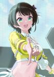  1girl arched_back asymmetrical_sleeves black_hair bow commentary_request cropped_shirt detached_sleeves finger_gun green_eyes hair_bow highres hololive hololive_idol_uniform_(color_rise) idol idol_clothes makimaki_makky7 midriff mismatched_sleeves multicolored_shirt official_alternate_costume oozora_subaru open_mouth puffy_short_sleeves puffy_sleeves shirt short_hair short_sleeves single_detached_sleeve single_sleeve solo swept_bangs teeth tomboy upper_teeth_only v-shaped_eyebrows virtual_youtuber white_shirt wristband yellow_shirt 