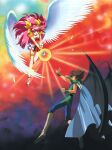  1990s_(style) 1boy 1girl ai_tenshi_densetsu_wedding_peach armor black_wings blue_cape blue_eyes boots bracelet brooch brown_boots brown_hair cape choker demon_wings dress facial_mark feathered_wings floating_hair gold_bracelet hanasaki_momoko heart highres holding holding_wand jewelry knee_boots long_hair magical_girl official_art open_mouth outstretched_arm pauldrons pink_hair red_shoes retro_artstyle scan shoes shoulder_armor skirt tadano_kazuko thighlet v_arms viento_(wedding_peach) wand wedding_peach white_wings wings 