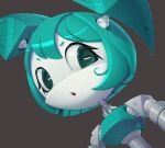  1girl blue_tank_top colored_skin commentary dylean english_commentary eyelashes grey_background humanoid_robot jenny_wakeman joints mechanical_hair metal_skin my_life_as_a_teenage_robot nickelodeon robot robot_girl robot_joints screw tank_top upper_body white_skin 