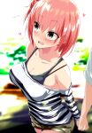  1girl 1other black_shirt blush bra bra_peek bra_strap breasts brown_eyes cleavage collarbone commentary_request grey_shorts hair_bun heart highres holding_hands komado_riru large_breasts long_sleeves off-shoulder_shirt off_shoulder official_alternate_costume open_mouth orange_hair shirt shirt_under_sweater short_hair shorts single_hair_bun single_side_bun solo_focus striped_clothes striped_shirt two-tone_shirt underwear white_shirt yahari_ore_no_seishun_lovecome_wa_machigatteiru. yuigahama_yui 