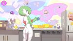  1boy ass assless_dress berry_(pokemon) bob_(pokemon) bob_cut bowl cabinet cash_register chest_spike colored_skin commentary_request cooking corsola counter cutting_board domaguri facing_away finizen gameplay_mechanics gardevoir glameow gorebyss green_hair green_skin kitchen korean_commentary kyogre luvdisc magnet mantine mars_symbol master_ball mixing_bowl multicolored_skin no_mouth on_counter oran_berry pecha_berry poke_ball pokemon pokemon_(creature) pokemon_focus pokemon_sword_and_shield potion_(pokemon) red_eyes refrigerator refrigerator_magnet rhythm_game rhythm_tengoku rhythm_tengoku_miracle_stars sitrus_berry throwing two-tone_skin white_skin 
