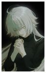  1girl 666d74 ahoge alternate_costume black_background border fate/grand_order fate_(series) hair_between_eyes highres jeanne_d'arc_alter_(fate) long_hair looking_at_viewer own_hands_clasped own_hands_together parted_lips praying simple_background solo sweater turtleneck turtleneck_sweater upper_body white_border white_hair yellow_eyes 