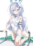  1girl arm_strap blue_archive blue_halo blue_ribbon chen_bingyou collar colored_eyelashes commentary covered_navel detached_collar flat_chest gradient_eyes hair_ornament halo highres long_hair long_single_sidelock looking_at_viewer multicolored_eyes navel neck_ribbon orca_hair_ornament pool pool_ladder poolside ribbon sayuri_(blue_archive) solo thigh_strap toes untranslatable_commentary wet white_collar white_eyelashes white_hair x_hair_ornament 