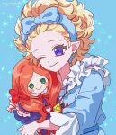  1girl blonde_hair blue_background blue_pajamas chocolat_meilleure closed_mouth commentary doll earrings eyelashes frills gunmuljudy highres holding holding_doll jewelry long_sleeves one_eye_closed orange_hair pajamas pendant pointy_ears purple_eyes smile sugar_sugar_rune twitter_username untranslatable_commentary vanilla_mieux 
