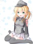  1girl black_jacket black_thighhighs blonde_hair camouflage commentary_request cross green_eyes grey_hat hat highres iron_cross jacket kantai_collection low_twintails military_uniform one-hour_drawing_challenge peaked_cap prinz_eugen_(kancolle) prinz_eugen_kai_(kancolle) sitting skirt smile solo thighhighs twintails uraguchi_hiiro wariza white_skirt 