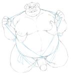  2022 anthro balls belly big_belly canid canine erection facial_hair genitals hi_res humanoid_hands kemono male mammal mature_male momo_92698 moob_grab moobs mustache nipples overweight overweight_male penis solo solo_focus 