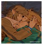  1boy 1girl arms_around_neck artist_name blonde_hair border brown_shirt closed_eyes closed_mouth commentary couple cuddling earrings hand_in_another's_hair hetero hug jewelry link medium_hair parted_bangs pillow pointy_ears princess_zelda pyonteo shirt short_hair sidelocks the_legend_of_zelda the_legend_of_zelda:_tears_of_the_kingdom under_covers untranslatable_commentary upper_body white_border white_shirt 