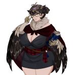  1girl animal_hands antenna_hair art_moira bags_under_eyes black_dress black_eyeshadow black_feathers book book_stack breasts brown_hair cape claws cleavage corruption_of_champions_2 dress earrings eyeshadow eyewear_strap feather_hair feathered_wings feathers game_asset hair_bun harpy holding holding_book huge_breasts jewelry lips lystra_(corruption_of_champions) makeup monster_girl neck_fur parted_lips pearl_earrings plump pointy_ears red_cape red_sash sash self-datamine semi-rimless_eyewear solo transparent_background under-rim_eyewear winged_arms wings yellow-framed_eyewear yellow_eyes 