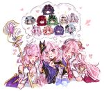  3girls acheron_(honkai:_star_rail) aponia beret blonde_hair blue_eyes blue_hair brown_hair commentary corset cyrene_(demiurge)_(honkai:_star_rail) cyrene_(honkai:_star_rail) dress eden_(honkai_impact) elf elysia_(herrscher_of_human:_ego)_(honkai_impact) elysia_(hi_love_elf)_(honkai_impact) elysia_(honkai_impact) elysia_(miss_pink_elf)_(honkai_impact) english_commentary fu_hua gloves green_hair grey_hair hair_ribbon hat herrscher_of_corruption highres holding holding_staff honkai:_star_rail honkai_(series) honkai_impact_3rd horns karetokoi kiana_kaslana kiana_kaslana_(herrscher_of_finality) licking_lips long_hair mihoyo mobius_(honkai_impact) multiple_girls multiple_persona pink_hair pointy_ears purple_eyes purple_hair raiden_mei raiden_mei_(herrscher_of_thunder) red_dress red_horns remielle_dan ribbon smile speech_bubble staff thought_bubble tiara tongue tongue_out veil very_long_hair white_corset white_gloves white_hair white_veil yuri zenless_zone_zero 