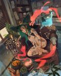  1girl absurdly_detailed_composition arm_tattoo armchair bandaid bandaid_on_face black_camisole bulletin_board camisole candle cat cauldron chair closed_mouth commentary cooking_pot crop_top day desk_lamp english_commentary flask green_hair hat highres indoors lamp leg_tattoo lips loaded_interior long_hair monitor on_chair original panties plant potted_plant shelf simz sitting skull smile solo table tattoo underwear white_panties witch witch_hat 