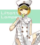  1girl aoi-ble35-7210 arm_at_side bare_shoulders bleach bleach:_sennen_kessen-hen blonde_hair bob_cut brown_eyes buttons character_name commentary_request double-breasted dress food food_in_mouth gloves hand_up hat holding holding_food holding_popsicle knees_up liltotto_lamperd looking_at_viewer peaked_cap pleated_dress popsicle popsicle_in_mouth short_dress short_hair simple_background sitting sketch sleeveless sleeveless_dress solo spread_legs white_background white_dress white_gloves white_hat 