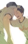  2boys baseball_cap baseball_uniform black_hair buzz_cut closed_eyes commentary_request hanai_azusa hand_on_another's_neck hat male_focus mattsu multiple_boys ookiku_furikabutte open_mouth pants short_hair short_sleeves smile sportswear sweat tajima_yuuichirou very_short_hair very_sweaty white_background 