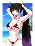  1girl adjusting_hair ahoge alternate_hair_color armpits arms_up bangs beach bikini black_bikini black_hair blue_sky border breasts cleavage closed_mouth cloud cloudy_sky earrings hair_tie_in_mouth highres honkai_(series) honkai_impact_3rd horns jewelry large_breasts long_hair looking_at_viewer mordrex_art mouth_hold navel one_eye_closed ponytail purple_eyes raiden_mei raiden_mei_(herrscher_of_thunder) sand sky solo swimsuit tying_hair very_long_hair water white_border 