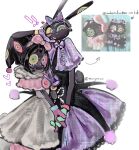  1boy 1girl abstraction_(the_amazing_digital_circus) alternate_skin_color artist_name asymmetrical_gloves black_hair black_hat black_skin bow colored_skin crossdressing crossdressing_(mtf) dress english_commentary eye_print gloves hair_bow hat highres holding_hands jax_(the_amazing_digital_circus) jester_cap lolita_fashion looking_at_viewer maleantee mismatched_gloves multicolored_eyes pink_skirt pomni_(the_amazing_digital_circus) purple_bow rabbit_boy reference_inset skirt the_amazing_digital_circus v white_background white_dress 