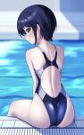  1girl alternate_costume ass black_hair blue_eyes blue_one-piece_swimsuit blush closed_mouth commentary_request competition_swimsuit highleg highleg_one-piece_swimsuit highres hololive looking_at_viewer one-piece_swimsuit oozora_subaru pool short_hair solo sora-wo-tomo swimsuit virtual_youtuber water 
