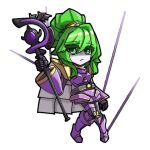  1girl armored_boots boots chibi commentary_request doll_joints duel_monster el_shaddoll_winda full_body green_eyes green_hair joints long_hair long_sleeves lumi_(nexix5536) mechanical_arms ponytail puppet_strings sidelocks solo staff wide_sleeves winda_(yu-gi-oh!) yu-gi-oh! 