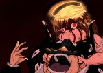  1boy 1girl absurdres arm_up biting_another's_hair black_hair bleach bleach:_sennen_kessen-hen blood blood_from_eyes blood_on_face bruise bruise_on_face commentary eating english_commentary extra_eyes facial_hair grabbing_another's_head halo highres hootjiggle injury inoue_orihime mustache open_mouth parody red_eyes the_almighty the_simpsons yhwach 