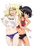 andou_(girls_und_panzer) bare_shoulders belly black_hair blonde_hair blue_eyes blush breasts brown_eyes collarbone colored_skin commentary copyright_request crop_top curled_fingers dark-skinned_female dark_skin drooling erakin fluffy_hair girls_und_panzer hairband hand_up large_breasts long_eyebrows medium_breasts mouth_drool name_tag navel oshida_(girls_und_panzer) pale_skin red_hairband red_sports_bra smile spanked sports_bra sportswear stomach teardrop tears teeth track_and_field track_uniform white_background white_skin white_sports_bra 