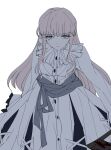  1girl axe bib_collar blonde_hair blood blood_on_weapon closed_mouth commentary cowboy_shot cross dress frilled_dress frilled_sleeves frills gloves grey_eyes highres hikami_meruru holding holding_axe kq94469 layered_dress long_hair long_sleeves looking_at_viewer mahou_shoujo_no_majo_saiban priestess simple_background solo untranslatable_commentary weapon white_background white_dress white_gloves wide_sleeves 