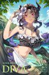  1girl asymmetrical_horns bikini bikini_skirt black_bikini black_hair black_wings blue_hair blue_sky braid braided_ponytail breasts cleavage cloud colored_inner_hair commentary cover cover_page curtained_hair day english_commentary english_text eyewear_on_head fake_cover fake_magazine_cover feathered_wings flower frilled_bikini frilled_skirt frills grin hair_flower hair_ornament hand_up highres hololive hololive_english horn_flower horns jailbird_(nerissa_ravencroft) jewelry koromay_ho large_breasts long_hair looking_at_viewer low_ponytail low_wings magazine_cover mole mole_under_eye multicolored_hair navel necklace nerissa_ravencroft nerissa_ravencroft_(summer) official_alternate_costume official_alternate_hairstyle outdoors ponytail purple_eyes sidelocks skirt sky slit_pupils smile solo stomach sunglasses swimsuit uneven_horns very_long_hair virtual_youtuber wings 