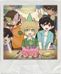  2girls 3boys aged_down alternate_eye_color alternate_universe antenna_hair aubrey_(faraway)_(omori) aubrey_(omori) basil_(faraway)_(omori) basil_(omori) birthday_cake black_eyes black_hair blonde_hair blue_cardigan blue_eyes blue_shirt blush bow breast_pocket bright_pupils brothers brown_hair cake candle cardigan chinese_commentary collarbone collared_shirt commentary_request dark-skinned_male dark_skin derivative_work double-parted_bangs double_v fangs food fruit green_shirt hair_between_eyes hair_bow hat hero_(faraway)_(omori) hero_(omori) highres kel_(faraway)_(omori) kel_(omori) knife laola4869 long_hair looking_at_another looking_at_viewer mari_(faraway)_(omori) mari_(omori) multiple_boys multiple_girls omori open_cardigan open_clothes open_mouth orange_shirt party_hat pink_bow plate pocket pointy_ears purple_shirt red_eyes sandwich shirt short_hair short_sleeves siblings sidelocks slit_pupils square_pupils strawberry t-shirt v white_pupils 