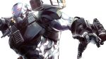  1boy absurdres arm_cannon armor black_armor commentary english_commentary full_armor gaeccc_bal gauntlets helm helmet highres iron_man_(series) male_focus marvel pauldrons plate_armor power_armor shoulder_armor solo war_machine weapon 