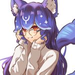  1girl animal_ears bao_the_whale blue_hair blue_tail blush cetacean_tail commentary english_commentary fins fish_tail fox_ears glasses highres indie_virtual_youtuber long_hair looking_at_viewer red_eyes smile solo sweater tail vinsycal virtual_youtuber whale_girl white_background white_sweater 