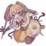  1girl :d blush boots brown_gloves brown_leggings bubble_skirt capelet commentary_request full_body fur-trimmed_capelet fur_trim gloves hair_tie highres leggings looking_at_viewer magical_girl mahou_shoujo_madoka_magica mahou_shoujo_madoka_magica:_walpurgis_no_kaiten medium_hair msuo_(mashiuo) multicolored_capelet multicolored_skirt needle open_mouth orange_capelet orange_hair pink_capelet purple_eyes red_ribbon ribbon selema_terez sewing_needle sewing_pin short_twintails simple_background skirt smile solo twintails under-elbow_gloves v v_over_eye white_background yellow_boots yellow_capelet 