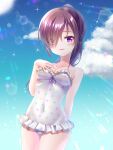  1girl absurdres blue_sky blush breasts cleavage cloud collarbone commentary covered_navel cowboy_shot day diffraction_spikes dot_nose frilled_one-piece_swimsuit frills getsuyoshi gradient_sky hair_over_one_eye hair_up hand_on_own_chest high_ponytail highres looking_at_viewer mizushino_sono non-circular_lens_flare one-piece_swimsuit open_mouth outdoors polka_dot_one-piece_swimsuit ponytail purple_hair re:stage! sky small_breasts smile solo sparkle sun swimsuit white_one-piece_swimsuit 