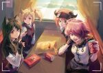  4girls animal_ears arknights black_gloves black_hair black_vest blonde_hair booth_seating bow breasts can chips coca-cola cow_horns croissant_(arknights) earphones exusiai_(arknights) fingerless_gloves food gloves green_eyes hair_bow hair_over_one_eye hand_up highres holding holding_can holding_earphones holding_food horns lay&#039;s long_hair multiple_girls necktie one_eye_covered open_mouth orange_eyes orange_hair penguin_logistics_(arknights) pocky potato_chips red_bow red_eyes red_hair red_necktie shirt short_hair sitting sketch small_breasts sora_(arknights) table texas_(arknights) twintails vest viewfinder visor_cap white_shirt wolf_ears wolf_girl yellow_eyes zhongmu 