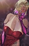  1girl bare_shoulders bikini_tan blonde_hair blush breasts cocktail_dress colored_inner_hair commentary cosplay dress earrings elbow_gloves eyeshadow fellatio_gesture glitter_dress gloves gyaru hair_over_one_eye heart highres jessica_rabbit jessica_rabbit_(cosplay) jewelry large_breasts leg_tattoo lipstick looking_at_viewer low_neckline makeup marriage_proposal multicolored_hair naughty_face ok_sign open_mouth oral_invitation original piercing purple_gloves purple_hair red_dress red_lips rhlatm ring saliva saliva_trail side_slit solo strapless strapless_dress tanlines tattoo thighs tongue tongue_out tongue_piercing two-tone_hair yellow_eyes 