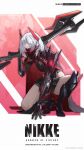  1girl armor armored_boots axe black_boots black_gloves black_shirt black_skirt boots breasts commentary_request drake_(great_villain)_(nikke) drake_(nikke) gloves goddess_of_victory:_nikke highres holding holding_axe horns korean_commentary mask medium_breasts medium_hair official_art shirt shoulder_armor skirt solo squatting white_hair 